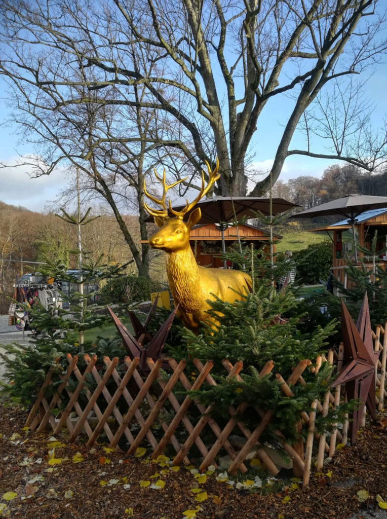 Goldener Hirsch auf dem Gelände von Burg Wissem